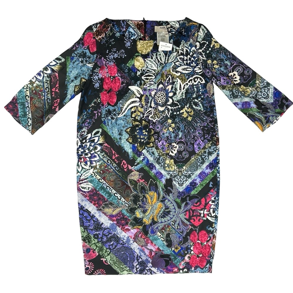 Fuzzi Italy Women Multi Color Floral Geometric Patchwork Shift Dress Size 42 NWT